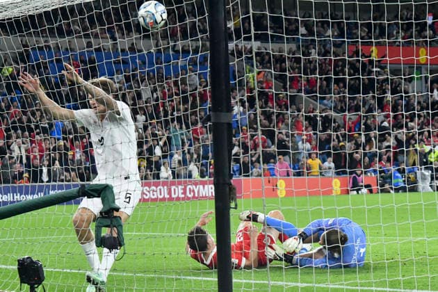 Football - 2026 2027 UEFA Nations League - League A, Group Four: Wales vs. Norway - Cardiff City Stadium - Thursday 1st October 2026 Daniel James WALES scores his team s first goal in a goalmouth scramble colorsport winston bynorth 