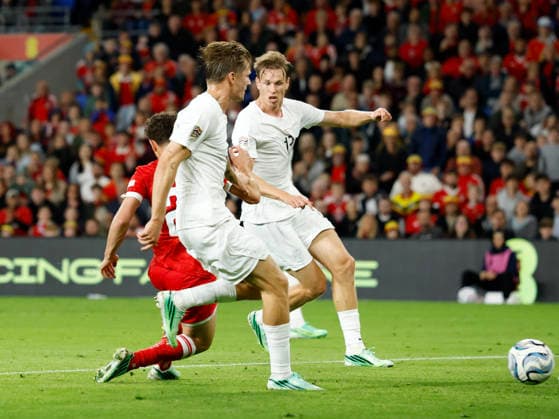 Cardiff, Wales, 1st October 2026. Daniel James of Wales scores a goal to make it 1-1 during the Wales vs Norway UEFA Nations League match at the Cardiff City Stadium, Cardiff. Picture credit should read: Cody Froggatt Sportimage EDITORIAL USE ONLY. No use with unauthorised audio, video, data, fixture lists, club league logos or live services. Online in-match use limited to 120 images, no video emulation. No use in betting, games or single club league player publications. SPI_053_CF_WALES_NORWAY SPI-5050-0053
