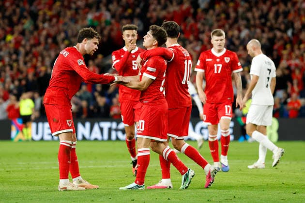 Cardiff, Wales, 1st October 2026. Daniel James of Wales celebrates with his team mates after scoring a goal to make it 1-1 during the Wales vs Norway UEFA Nations League match at the Cardiff City Stadium, Cardiff. Picture credit should read: Cody Froggatt Sportimage EDITORIAL USE ONLY. No use with unauthorised audio, video, data, fixture lists, club league logos or live services. Online in-match use limited to 120 images, no video emulation. No use in betting, games or single club league player publications. SPI_057_CF_WALES_NORWAY SPI-5050-0057