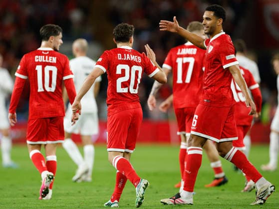 Cardiff, Wales, 1st October 2026. Daniel James of Wales celebrates with his team mates after scoring a goal to make it 1-1 during the Wales vs Norway UEFA Nations League match at the Cardiff City Stadium, Cardiff. Picture credit should read: Cody Froggatt Sportimage EDITORIAL USE ONLY. No use with unauthorised audio, video, data, fixture lists, club league logos or live services. Online in-match use limited to 120 images, no video emulation. No use in betting, games or single club league player publications. SPI_058_CF_WALES_NORWAY SPI-5050-0058