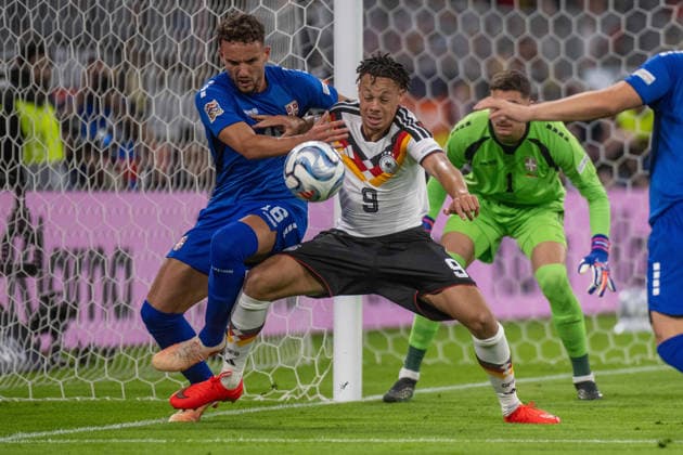 Strahinja Erakovic (SRB) and Derry Scherhant (GER) xettx, Germany, Munich, October 1, 2026, Soccer, National Team, Nations League: Germany vs. Serbia, 2026–2027 Season, Matchday 3, Allianz Arena