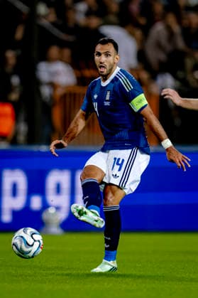 THESSALONIKI, Greece: Striker Vangelis Pavlidis of Greece during the UEFA Nations League match between Greece and the Netherlands at Toumba Stadium on October 1, 2026, in Thessaloniki, Greece. Photo by DeFodi Images
