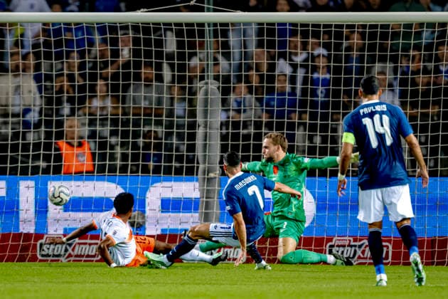 THESSALONIKI, Greece: Greek forward Giorgos Masouras scores to make it 2-0 during the UEFA Nations League match between Greece and the Netherlands at Toumba Stadium on October 1, 2026, in Thessaloniki, Greece. Photo by DeFodi Images