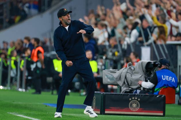 UEFA Nations League, Match 26 vs. 27: Germany vs. Serbia on October 1, 2026, at the Allianz Arena in Munich. Coach Jürgen Klopp. Germany celebrates after scoring the 1–0 goal. MH