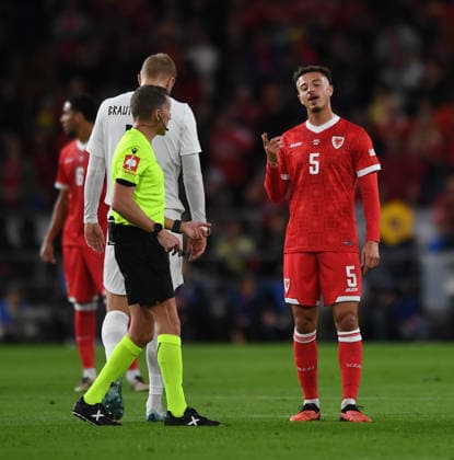 Cardiff, Wales, October 1st 2026 Ethan Ampadu of Wales reacts as he disputes the referees decision during the 2027 UEFA Nations league-league phase-Group A4 between Wales and Norway at Cardiff City stadium (Photo by Jeff Thomas Sports Press Photo) Copyright: xJeffxThomas SportsxPressxPhotox Sportspressphoto_SPR243434