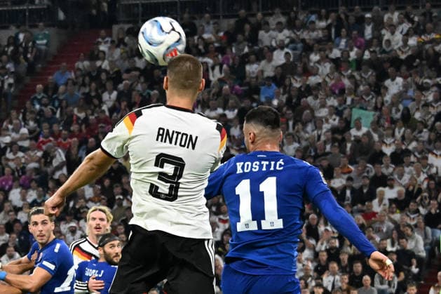 October 1, 2026, xsltx, Soccer UEFA Nations League, Germany vs. Serbia, Waldemar Anton, German National Soccer Team (DFB), Filip Kostic, Serbia, tackle, action, battle for the ball, Munich