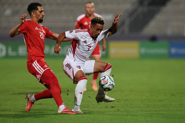 Carlos Richards (right) of Gibraltar is in action against Ilyas Chouaref of Malta during the the UEFA Nations League, League D, Group D1 match between Malta and Gibraltar at the National Stadium, in Ta Qali, Malta, on 01 October, 2026. UEFA Nations League, League D, Group D1 Qualifying; UEFA Nations League;