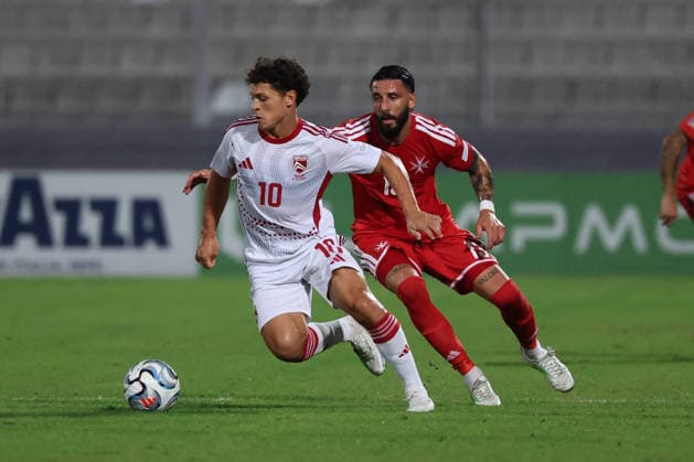 Tjay De Barr of Gibraltar is in action during the during the the UEFA Nations League, League D, Group D1 match between Malta and Gibraltar at the National Stadium, in Ta Qali, Malta, on 01 October, 2026. UEFA Nations League, League D, Group D1 Qualifying; UEFA Nations League;