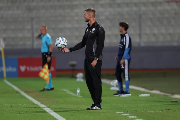Scott Wiseman, head coach of Gibraltar holds the ball during the UEFA Nations League, League D, Group D1 match between Malta and Gibraltar at the National Stadium, in Ta Qali, Malta, on 01 October, 2026. UEFA Nations League, League D, Group D1 Qualifying; UEFA Nations League;