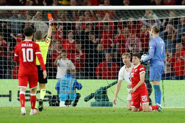 Cardiff, Wales, 1st October 2026. Torbjorn Heggem of Norway is shown a red card for a foul on Daniel James of Wales during the Wales vs Norway UEFA Nations League match at the Cardiff City Stadium, Cardiff. Picture credit should read: Cody Froggatt Sportimage EDITORIAL USE ONLY. No use with unauthorised audio, video, data, fixture lists, club league logos or live services. Online in-match use limited to 120 images, no video emulation. No use in betting, games or single club league player publications. SPI_074_CF_WALES_NORWAY SPI-5050-0074