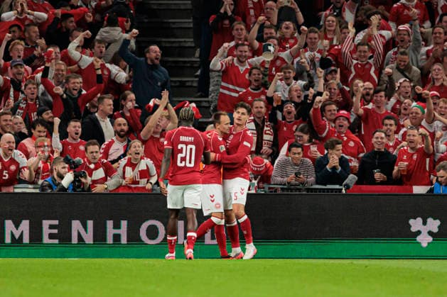 Players of Denmark seen celebrating after goal from Mikkel Damsgaard during UEFA Nations League Division A game between National Teams of Denmark and Portugal (Ernest Kolodziej Ball Raw Images) Copenhagen Parken Denmark Copyright: xErnestxKolodziejx ernestkolodziej_denmark_portugal_2627_2-2