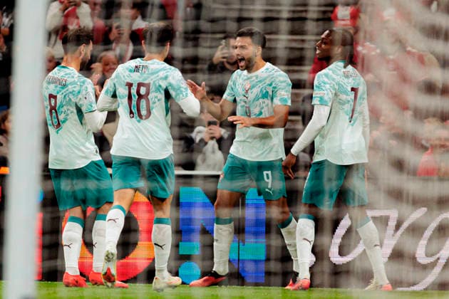 Players of Portugal seen celebrating after goal from Goncalo Ramos during UEFA Nations League Division A game between National Teams of Denmark and Portugal (Ernest Kolodziej Ball Raw Images) Copenhagen Parken Denmark Copyright: xErnestxKolodziejx ernestkolodziej_denmark_portugal_2627_2-6