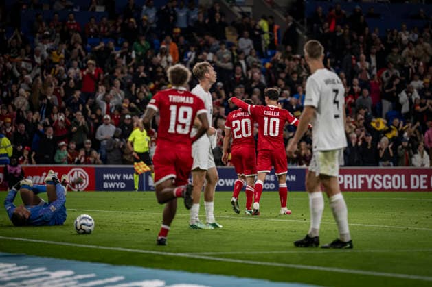 RECORD DATE NOT STATED 1st October 2026; Cardiff City Stadium, Cardiff, Wales; UEFA Nations League Football, Wales versus Norway; Daniel James of Wales celebrates with Liam Cullen after scoring in the 38th minute to make the score 1-1 GodfreyxPitt