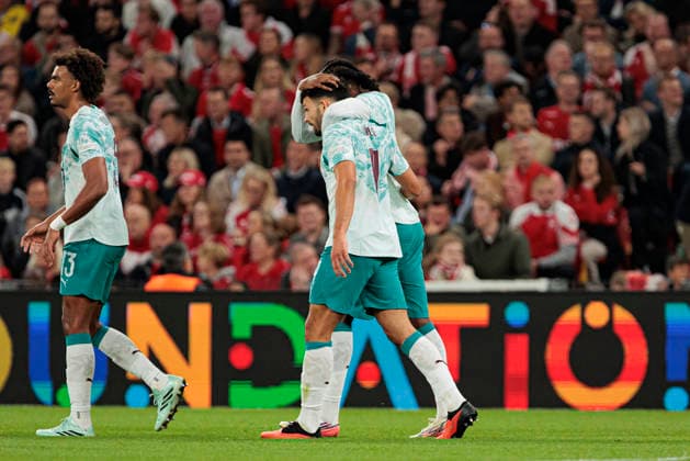Rafael Leao and Goncalo Ramos seen during UEFA Nations League Division A game between National Teams of Denmark and Portugal (Ernest Kolodziej Ball Raw Images) Copenhagen Parken Denmark Copyright: xErnestxKolodziejx ernestkolodziej_denmark_portugal_2627_2-8