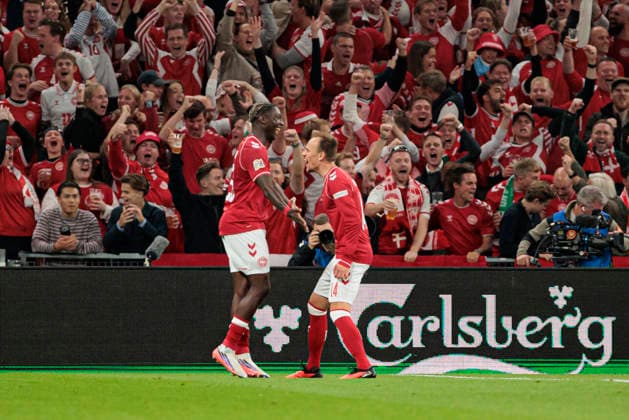 Players of Denmark seen celebrating after goal from Mikkel Damsgaard during UEFA Nations League Division A game between National Teams of Denmark and Portugal (Ernest Kolodziej Ball Raw Images) Copenhagen Parken Denmark Copyright: xErnestxKolodziejx ernestkolodziej_denmark_portugal_2627_2