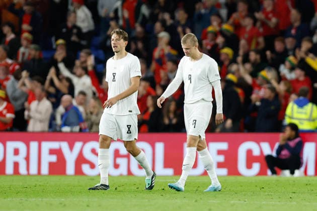 Cardiff, Wales, 1st October 2026. A dejected Erling Haaland of Norway reacts after Neco Williams of Wales scored a goal to make it 2-1 during the Wales vs Norway UEFA Nations League match at the Cardiff City Stadium, Cardiff. Picture credit should read: Cody Froggatt Sportimage EDITORIAL USE ONLY. No use with unauthorised audio, video, data, fixture lists, club league logos or live services. Online in-match use limited to 120 images, no video emulation. No use in betting, games or single club league player publications. SPI_081_CF_WALES_NORWAY SPI-5050-0081