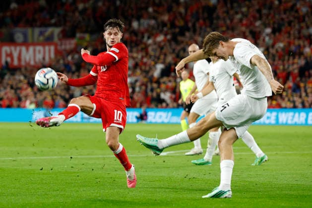 Cardiff, Wales, 1st October 2026. David Moller Wolfe of Norway and Liam Cullen of Wales during the Wales vs Norway UEFA Nations League match at the Cardiff City Stadium, Cardiff. Picture credit should read: Cody Froggatt Sportimage EDITORIAL USE ONLY. No use with unauthorised audio, video, data, fixture lists, club league logos or live services. Online in-match use limited to 120 images, no video emulation. No use in betting, games or single club league player publications. SPI_083_CF_WALES_NORWAY SPI-5050-0083