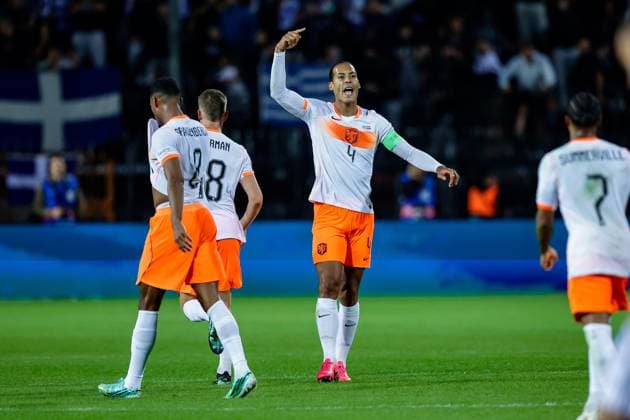 THESSALONIKI , 01-10-2026 , Toumba Stadium , season 2026 2027 , UEFA Nations League football , match between Greece and The Netherlands. picture shows goal celebration by Netherlands player Virgil van Dijk Greece - Netherlands  x207790405x Copyright: