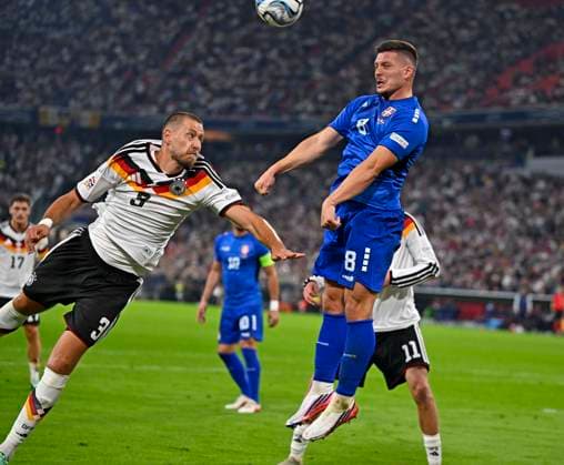 October 1, 2026, Soccer: 2026–2027 UEFA Nations League, Matchday 3, Germany vs. Serbia, at the Allianz Arena in Munich: Waldemar Anton (Germany) vs. Luka Jovic (Serbia)