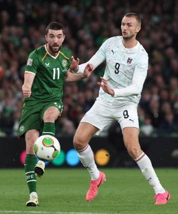 Ireland s Finn Azaz and Junior Adamu of Austria Republic of Ireland v Austria, UEFA Nations League, League B - Group 3, International Football, Aviva Stadium, Dublin, Ireland - 01 Oct 2026Dublin Aviva Stadium Ireland  Copyright: xLorrainexO Sullivan Shutterstockx 17178960az