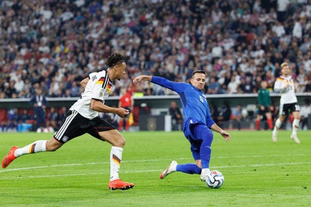 Nemanja Maksimovic 5, Serbia, ahead of Derry Scherhant 9, Germany, during the match between Germany and Serbia, soccer, men s, UEFA Nations League, 2026–2027, Matchday 3 on October 1, 2026, in Munich, Allianz Arena, Bavaria, Germany