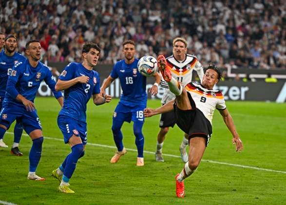 October 1, 2026, Soccer: 2026–2027 UEFA Nations League, Matchday 3, Germany vs. Serbia, at the Allianz Arena in Munich: Kosta Ndeljkovic (Serbia) vs. Derry Scherhant (Germany)