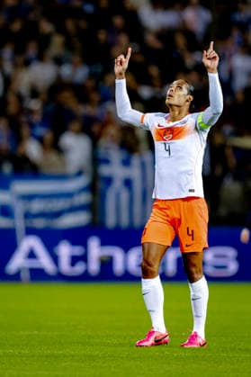 THESSALONIKI: Netherlands defender Virgil van Dijk celebrates his goal during the UEFA Nations League match between Greece and the Netherlands at Toumba Stadium on October 1, 2026, in Thessaloniki, Greece. Photo by DeFodi Images
