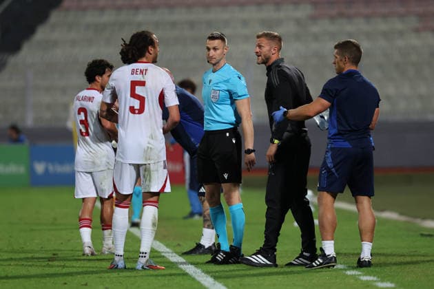 Scott Wiseman (2nd right), head coach of Gibraltar dialogues with Daniel Bent of Gibraltar during the UEFA Nations League, League D, Group D1 match between Malta and Gibraltar at the National Stadium, in Ta Qali, Malta, on 01 October, 2026. UEFA Nations League, League D, Group D1 Qualifying; UEFA Nations League;