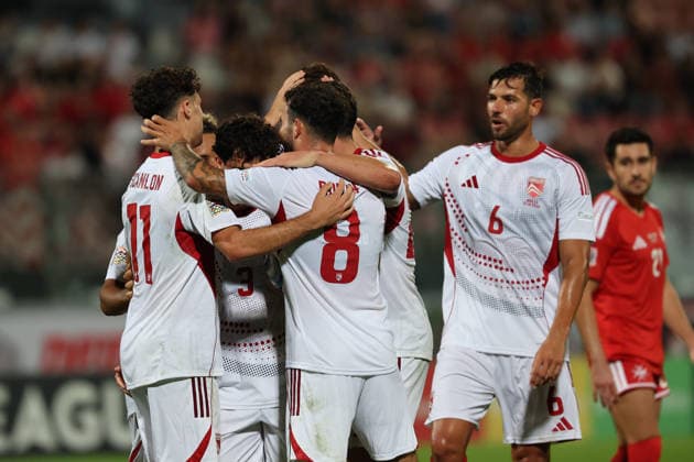 James Scanlon (left) of Gibraltar is celebrated by his team mates after scoring the 1-1 goal during the UEFA Nations League, League D, Group D1 match between Malta and Gibraltar at the National Stadium, in Ta Qali, Malta, on 01 October, 2026. UEFA Nations League, League D, Group D1 Qualifying; UEFA Nations League;
