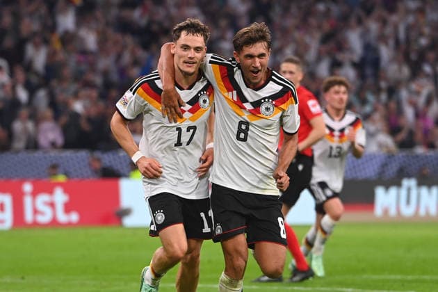 Florian WIRTZ (GER) and Tom BISCHOF (GER) celebrate a goal to make it 2–0; celebration, joy, excitement; action from the UEFA Nations League group stage, Group B, Matchday 3: Germany (GER) vs. Serbia (SRB) on October 1, 2026, ALLIANZ ARENA
