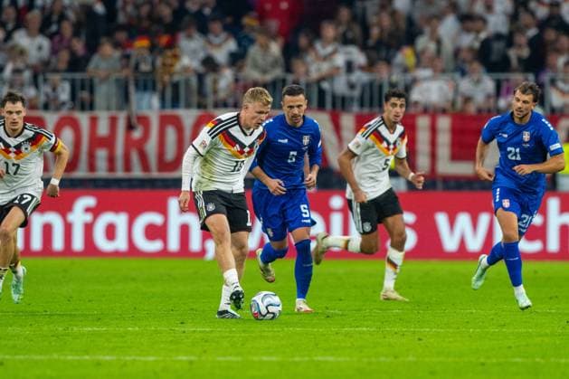 Soccer, Men s, 2026–27 Season, UEFA Nations League League A, Group 2, Matchday 3 in Munich, Germany vs. Serbia; from left: Jonathan Burkardt (Germany), Nemanja Maksimovic (Serbia), October 1, 2026, Copyright: xMatthiasxKochx