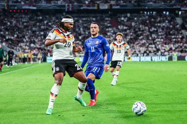 Sports, Soccer, UEFA Nations League 2026–2027 Season, Group A2, Matchday 3: Germany vs. Serbia, October 1, 2026, Allianz Arena; Serge Gnabry (Germany), No. 20 Filip Kostic (Serbia), No. 11; Munich, Allianz Arena, Bavaria, Germany