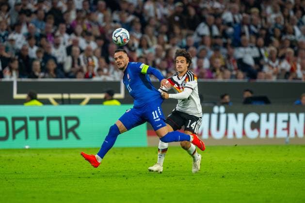 Soccer, Men s, 2026–27 Season, UEFA Nations League League A, Group 2, Matchday 3 in Munich, Germany vs. Serbia; from left: Filip Kostic (Serbia), Mika Baur (Germany), October 1, 2026, Copyright: xMatthiasxKochx
