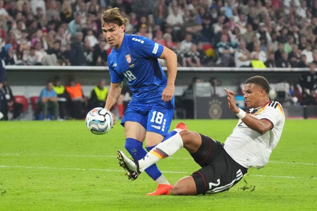 Malik Thiaw (Germany) vs. Mihajlo Cvetkovic (Serbia), Munich, October 1, 2026; Germany vs. Serbia, UEFA Nations League, Matchday 3, Allianz Arena