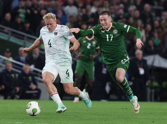 Ireland sJack Moylan and Xaver Schlager of Austria Republic of Ireland v Austria, UEFA Nations League, League B - Group 3, International Football, Aviva Stadium, Dublin, Ireland - 01 Oct 2026Dublin Aviva Stadium Ireland  Copyright: xLorrainexO Sullivan Shutterstockx 17178960bo