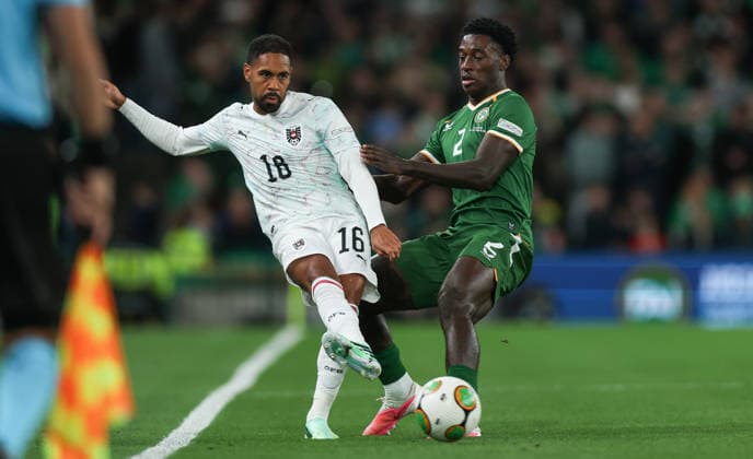 UEFA Nations League Group Stage, Aviva Stadium, Dublin 1 10 2026 Republic of Ireland vs Austria Ireland™s James Abankwah with Phillipp Mwene of Austria James Abankwah with Phillipp Mwene 1 10 2026  Copyright: xx RDR_9312