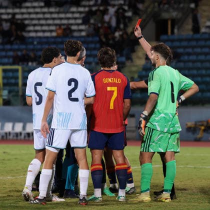 San Marino v Spain - UEFA European Championship, EM, Europameisterschaft Qualifying - Season 2026-2027 1st October 2026, Serravalle, San Marino, San Marino v Spain UEFA European Championship 2027 Qualifying match, Season 2026-2027. The Referee Bulat Sariyev of Kazakhstan shows a red card to Jesus Rodriguez of Spain following a clash with Bartolomeo Riggioni of San Marino during the match. Picture credit should read: Jonathan Moscrop Serravalle San Marino Stadium San Marino