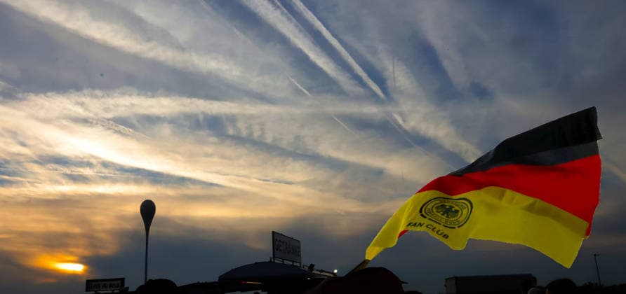 October 1, 2026, Nations League, Germany vs. Serbia, Allianz Arena, Munich, Soccer, featuring the German flag at sunset