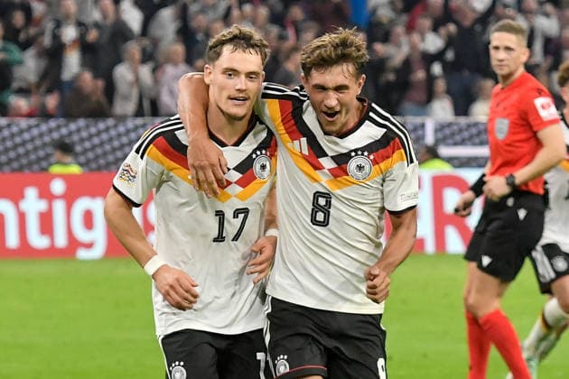 Florian Wirtz (Germany 17) celebrates after scoring the goal that made it 2–0, with Tom Bischof (Germany 8) in the background. January 10, 2026 ¢ Soccer ¢ Nations League ¢ Germany vs. Serbia, Allianz Arena, Munich, Bavaria, Germany Copyright: xpepphotox xSaschaxWeizx pep00321, pep_20261001_hm