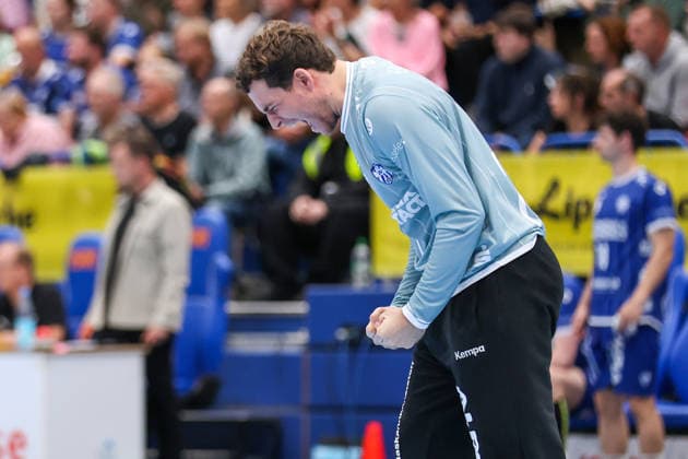 October 1, 2026, xkwix, Handball, Handball Bundesliga, TBV Lemgo Lippe vs. HC Hamburg, PHOENIX CONTACT Arena, Matchday 7, 2026–2027 Season: Constantin Moestl of TBV Lemgo Lippe 1 celebrates after making a save. Photo by xKamilxWilkowskixPressefotoKochx, North Rhine-Westphalia, Germany