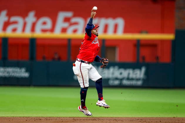 Atlanta Braves second baseman Ozzie Albies (1) makes a play to first base in the first inning against the Philadelphia Phillies in Game 3 of the National League Wildcard Series at Truist Park on Thursday, October 1, 2026 in Atlanta, Georgia.  ATL20261001106 MikexZarrilli
