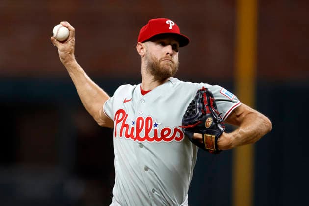 Philadelphia Phillies pitcher Zach Wheeler (45) pitches in the third inning against the Atlanta Braves in game three of the MLB, Baseball Herren, USA National League Wild Card round at Truist Park in Atlanta, Georgia on Thursday, October 1, 2026.  ATL20261001304 MIKExZARRILLI