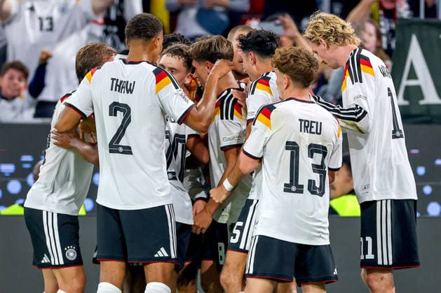 October 1, 2026, Soccer, International Match, Germany vs. Serbia, 2026–2027 UEFA Nations League, Matchday 3, Allianz Arena, Munich, 2026–27 season: Goal celebration after the 1–0 goal by Tom Bischof (GER 8), along with Derry Scherhant (GER 9), Aleksandar Pavlovic (GER 5), Philipp Treu (GER 13), Florian Wirtz (GER 17), and Malick Thiaw GER 2, Nick Woltemade (GER 11). DFB regulations prohibit any use of photographs as image sequences and or quasi-video. Bayern Munich, Germany