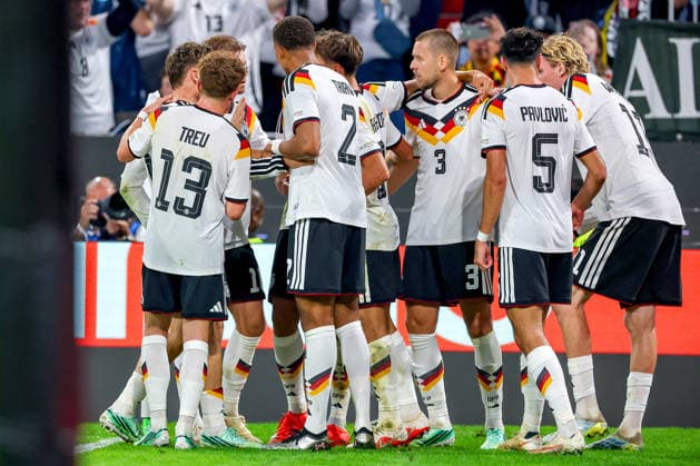 October 1, 2026, Soccer, International Match, Germany vs. Serbia, 2026–2027 UEFA Nations League, Matchday 3, Allianz Arena, Munich, 2026–27 season: Goal celebration after the 1–0 goal by Tom Bischof (GER 8), along with Derry Scherhant (GER 9), Aleksandar Pavlovic (GER 5), Philipp Treu (GER 13), Florian Wirtz (GER 17), and Malick Thiaw GER 2, Nick Woltemade (GER 11). DFB regulations prohibit any use of photographs as image sequences and or quasi-video. Bayern Munich, Germany