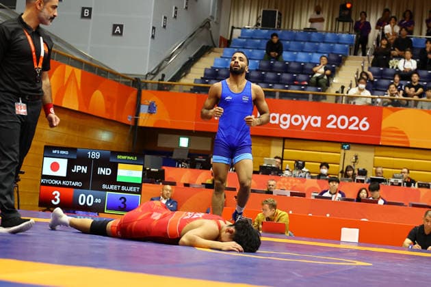 Asian Games 2026 Aichi-Nagoya, Japan Wrestling MFS 65 Kg Semifinals India™s Sujeet Vs Japan™s Olympic Gold Medalist KIYOOKA Katora Sujeet won by 3-3 and entered finals. VPOI 3-1 with points - with Point (s) scored by the opponent. Aichi, Nagoya Japan Copyright: xSeshadrixSukumarx