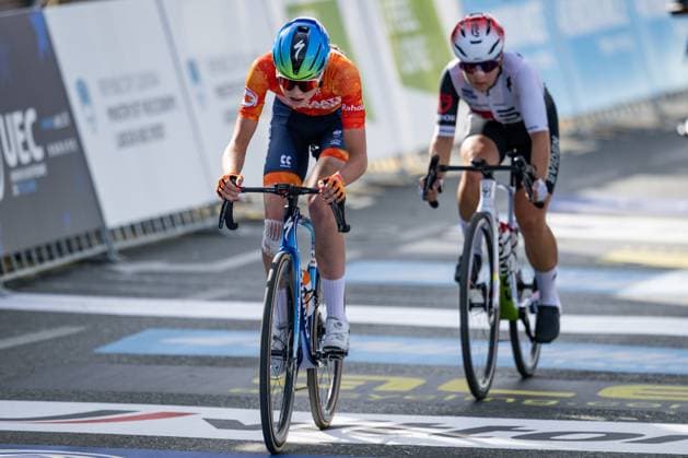 Australian Megan Arens Swiss Mara Winter are pictured in action during the Women U23 Road Race race (88,4km) at the cycling UEC Road European Championships, in Ljubljana, Slovenia Friday 2 October 2026. The UEC Road European Championships are taking place from 02 to 07 October in Ljubljana, Slovenia. JASPER JACOBS DAVIDxPINTENS  x188516857x