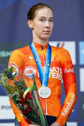 Dutch Nienke Vinke , winner of the silver medal pictured on the podium of the Women U23 Road Race race (88,4km) at the cycling UEC Road European Championships, in Ljubljana, Slovenia Friday 2 October 2026. The UEC Road European Championships are taking place from 02 to 07 October in Ljubljana, Slovenia. JASPER JACOBS DAVIDxPINTENS  x188522252x