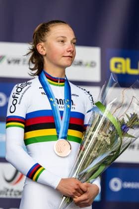 Austrian Viktoria Chladonova , winner of the silver medal pictured on the podium of the Women U23 Road Race race (88,4km) at the cycling UEC Road European Championships, in Ljubljana, Slovenia Friday 2 October 2026. The UEC Road European Championships are taking place from 02 to 07 October in Ljubljana, Slovenia. JASPER JACOBS DAVIDxPINTENS  x188522295x