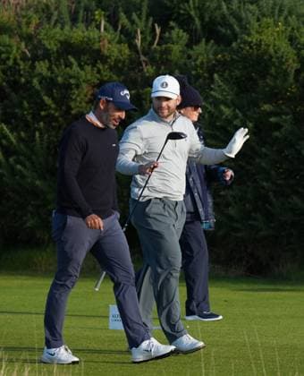 Pablo Larazabal and Michael Stewart on the first tee. Alfred Dunhill Links Championship, Round 2, Kingsbarns, Tayside, UK, Scotland - 02 Oct 2026 United Kingdom  Copyright: xStuartxWallace Shutterstockx 17181491o