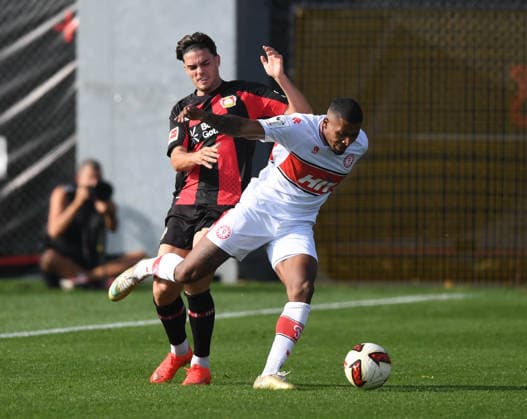 October 2, 2026, xophax, Soccer, Bundesliga 1, Bayer 04 Leverkusen vs. Fortuna Cologne (friendly match); Miguel Gutierrez (Bayer 04, left) and Florian Heister (SC Fortuna Cologne, right); Leverkusen